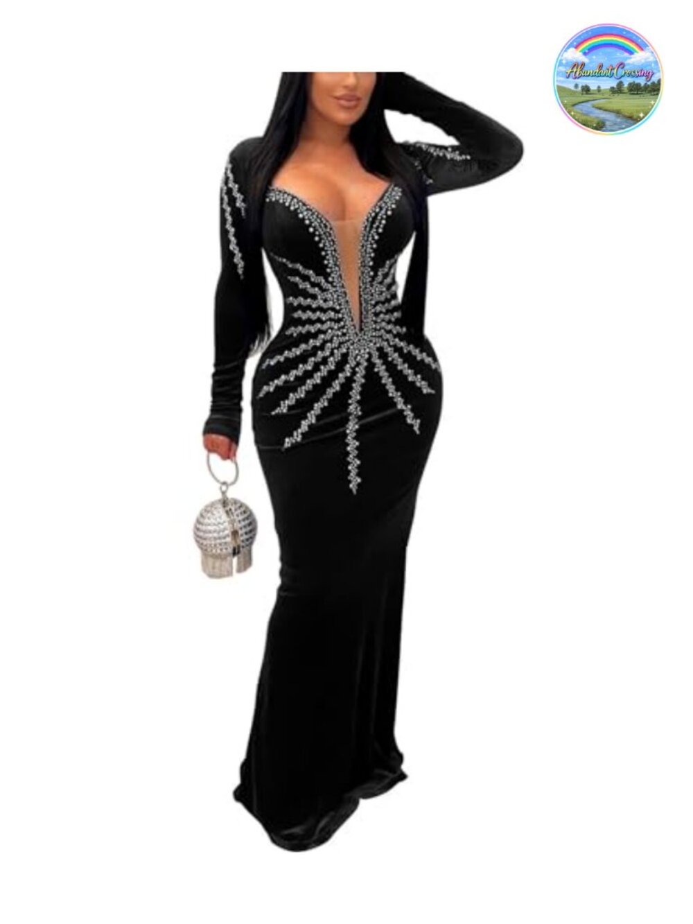 Rhinestone Embellished Velvet Party Bodycon Maxi Dress Long Sleeve V-Neck